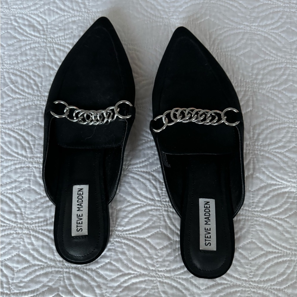 Steve Madden black faux suede pointed toe silver chain mules